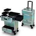 Hododou Blue Rolling Makeup Case with Drawer Travel Trolley Cosmetology Case on Wheel Makeup Storage Salon Barber Case Traveling Cart Trunk for Cosmetologist Nail Tech Hairstylist
