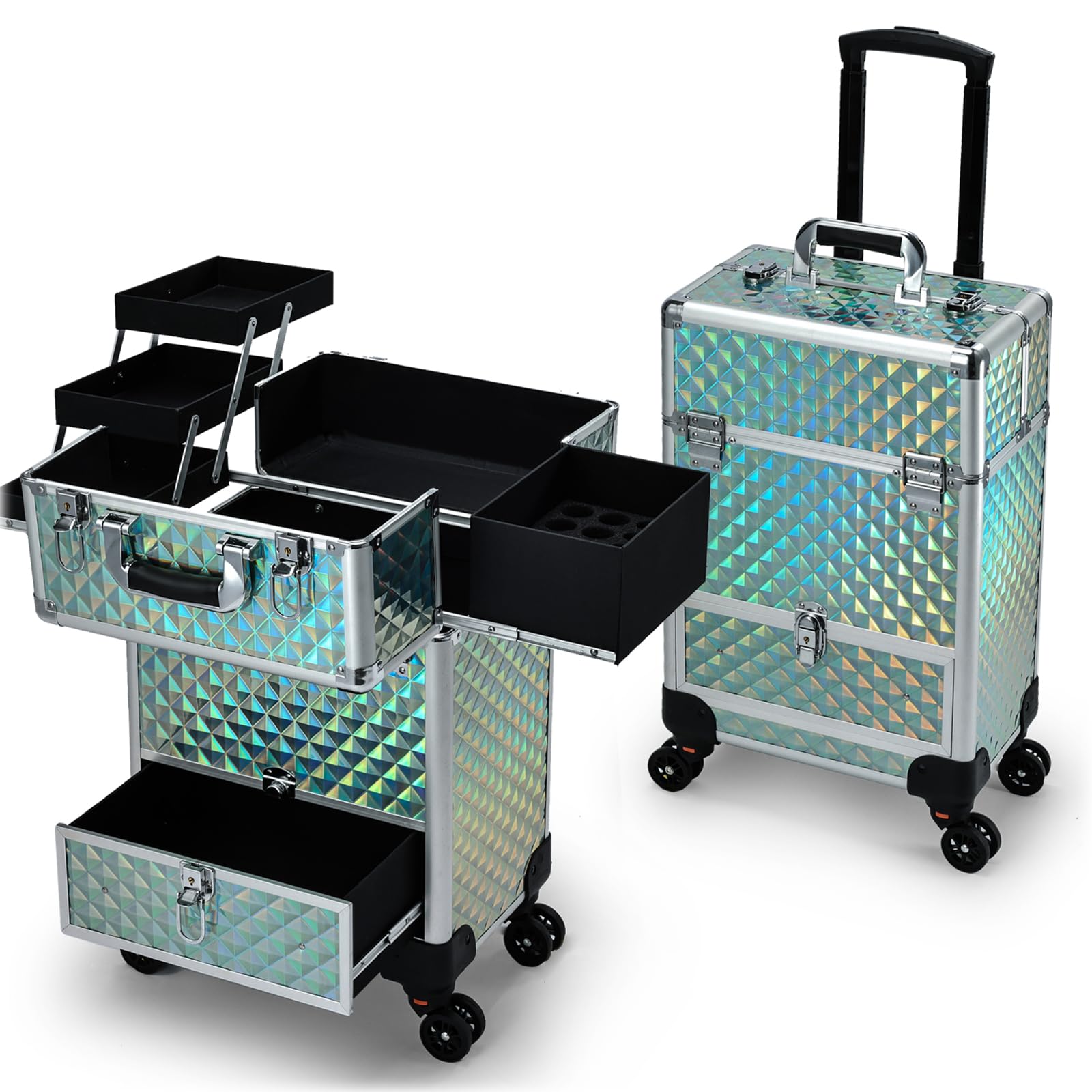 Hododou Blue Rolling Makeup Case with Drawer Travel Trolley Cosmetology Case on Wheel Makeup Storage Salon Barber Case Traveling Cart Trunk for Cosmetologist Nail Tech Hairstylist