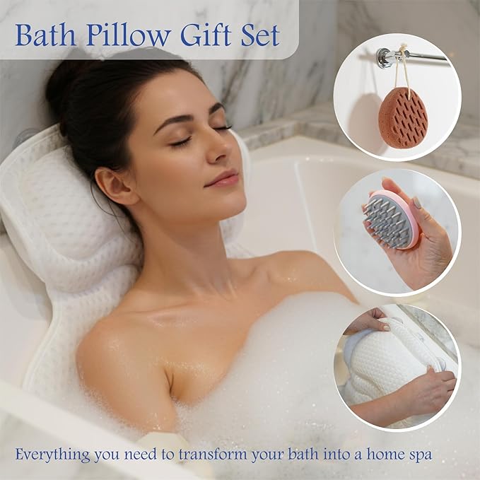 Luxury Bath Pillow for Tub – Neck & Back Support with Soft 4D Mesh, Non-Slip Suction Cups, Spa Gift Set with Exfoliating Sponge & Scalp Massager