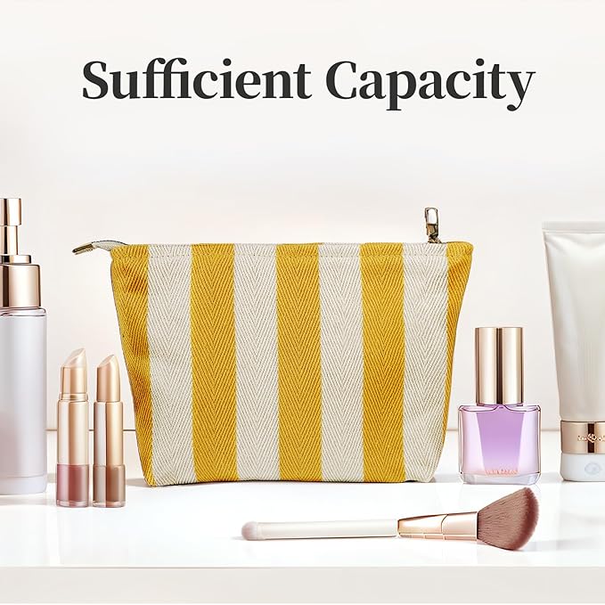 ITGOWISA Yellow Striped Makeup Bag for Women, Travel Makeup Pouch Purse