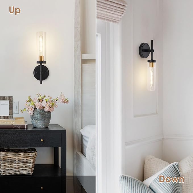 Hardwired Wall Sconces Set of Two, Bathroom Vanity Sconces Wall Lighting with Clear Glass Shade, Black and Gold Modern Farmhouse Wall Mount Lights for Mirror Bedroom Living Room Hallway Entryway