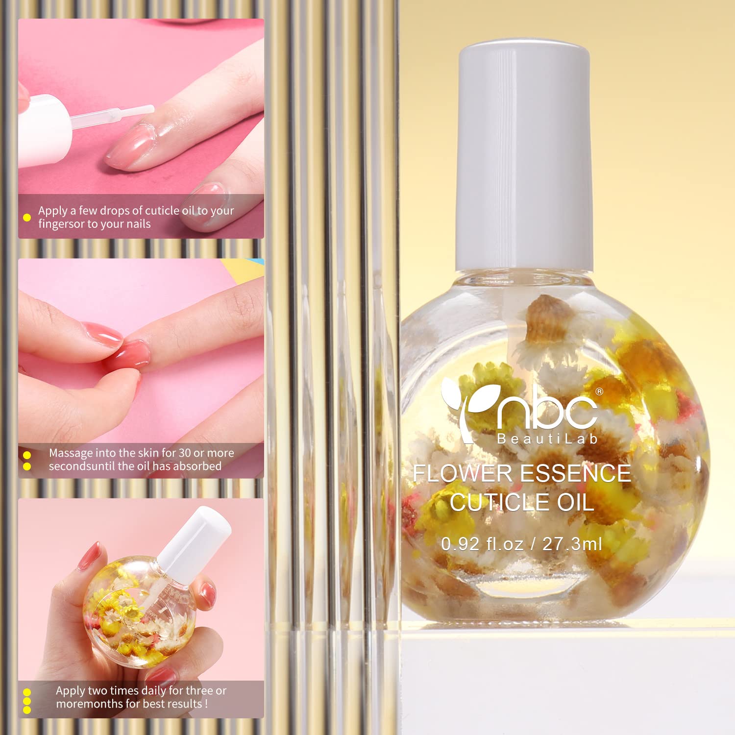 NBC BeautiLab FLOWER Essence Cuticle Oil. Use natural ingredients and vitamin E to moisturize and activate the cracked and hard stratum corneum. 0.92 oz