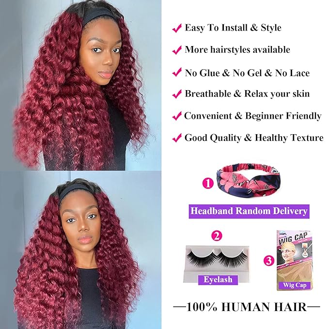 Aiterina Headband Wig deep wave human hair wigs for Black Women Brazilian Remy Hair Glueless Non Lace Front Wig 150% Density (24 inch, 1B/99J)