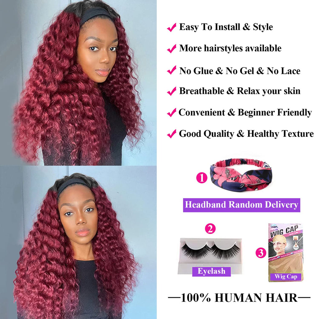 Aiterina Headband Wig deep wave human hair wigs for Black Women Brazilian Remy Hair Glueless Non Lace Front Wig 150% Density (10 inch, 1B/99J)