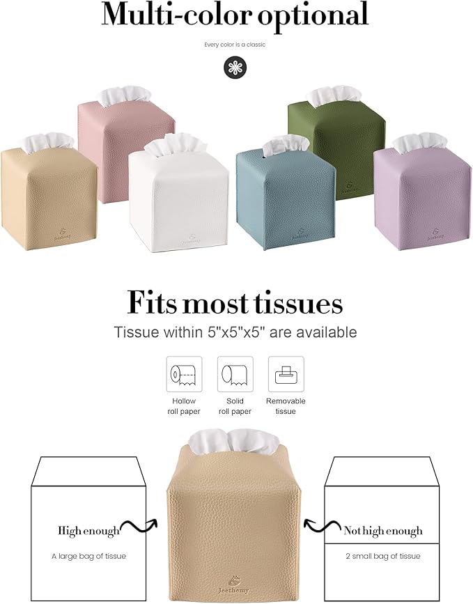 Tissue Box Cover, Jeethemy Square PU Leather Tissue Box Holder, Modern Tissue Case Facial Paper Organizer Dispenser，5X5X5'',Double Beige