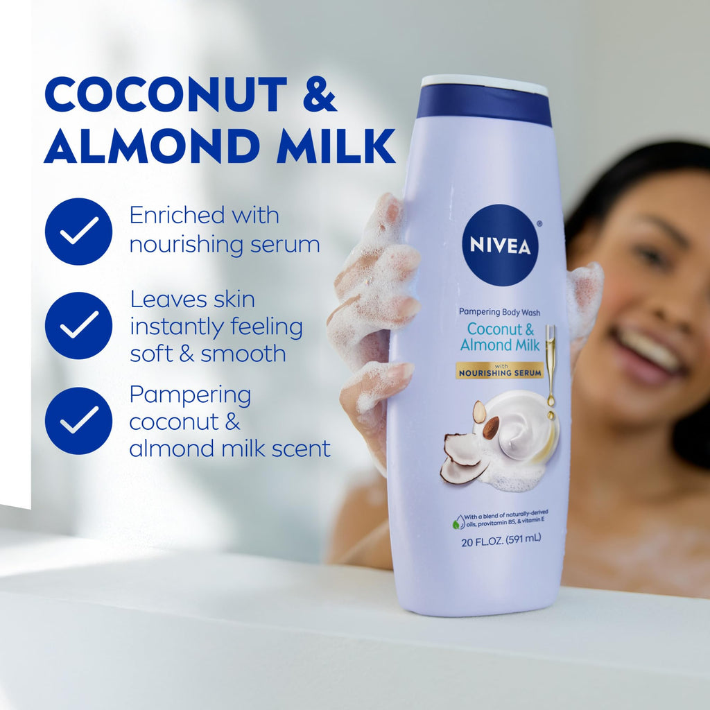 NIVEA Pampering Coconut and Almond Milk Body Wash, Multipack, 3 x 20 FL OZ