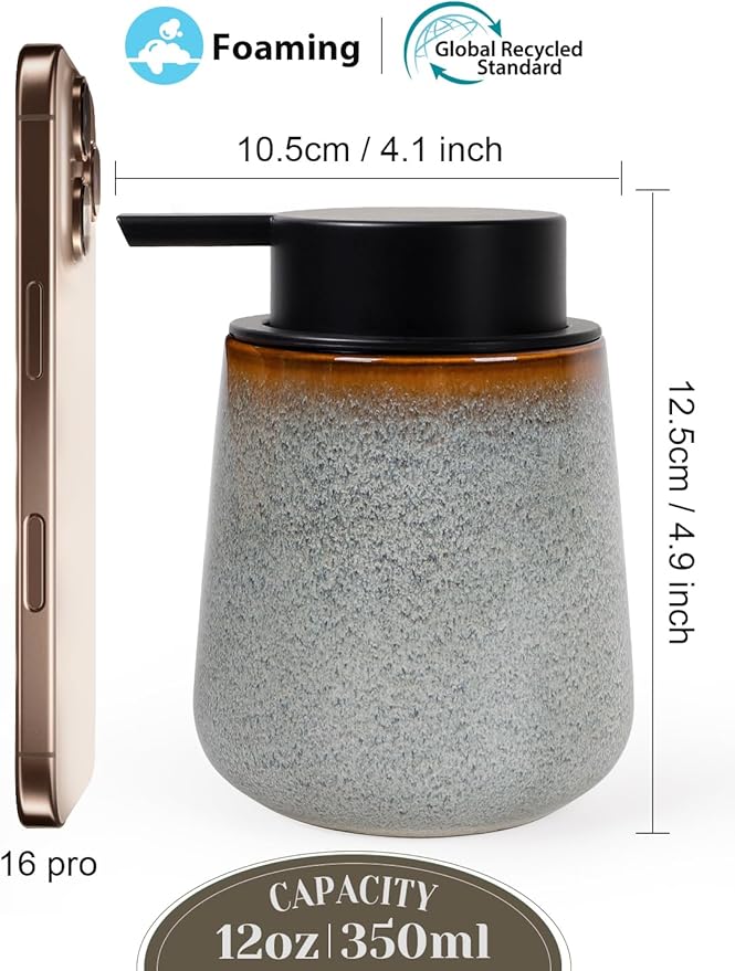 INGOFIN Ceramic Foaming Soap Dispenser -12oz Foam Hand Soap Dispenser Bathroom, Modern Refillable Dish Wash Soap Bottle for Kitchen with Large Pump,Kiln-Glazed Grey White