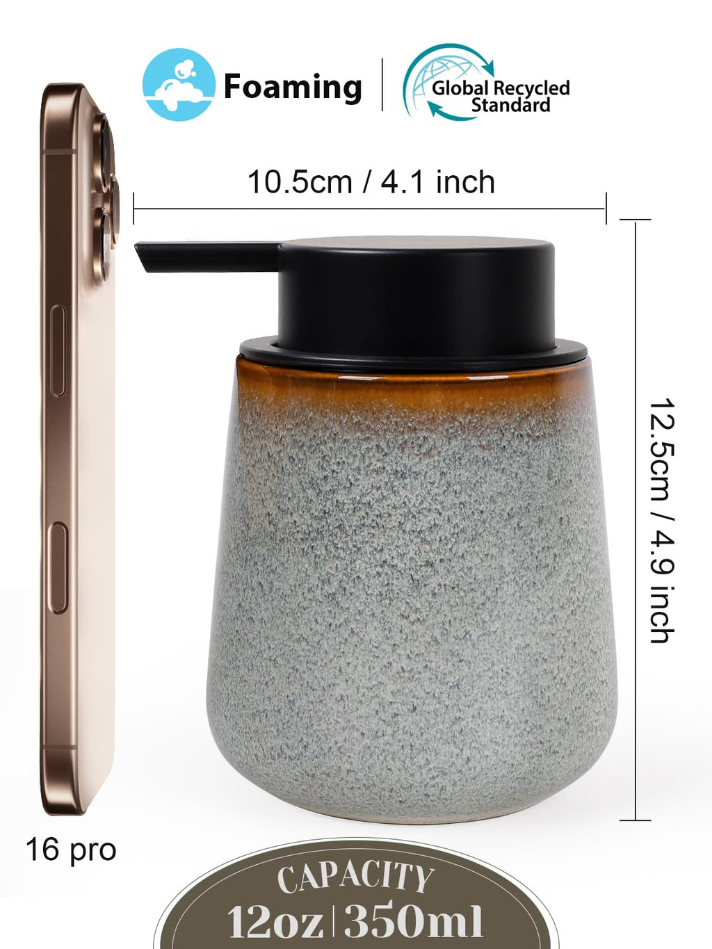 INGOFIN Ceramic Foaming Soap Dispenser -12oz Foam Hand Soap Dispenser Bathroom, Modern Refillable Dish Wash Soap Bottle for Kitchen with Large Pump,Kiln-Glazed Grey White
