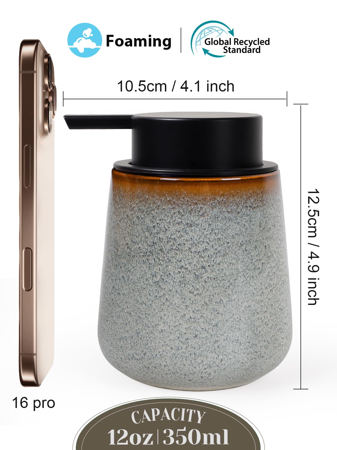 INGOFIN Ceramic Foaming Soap Dispenser -12oz Foam Hand Soap Dispenser Bathroom, Modern Refillable Dish Wash Soap Bottle for Kitchen with Large Pump,Kiln-Glazed Grey White