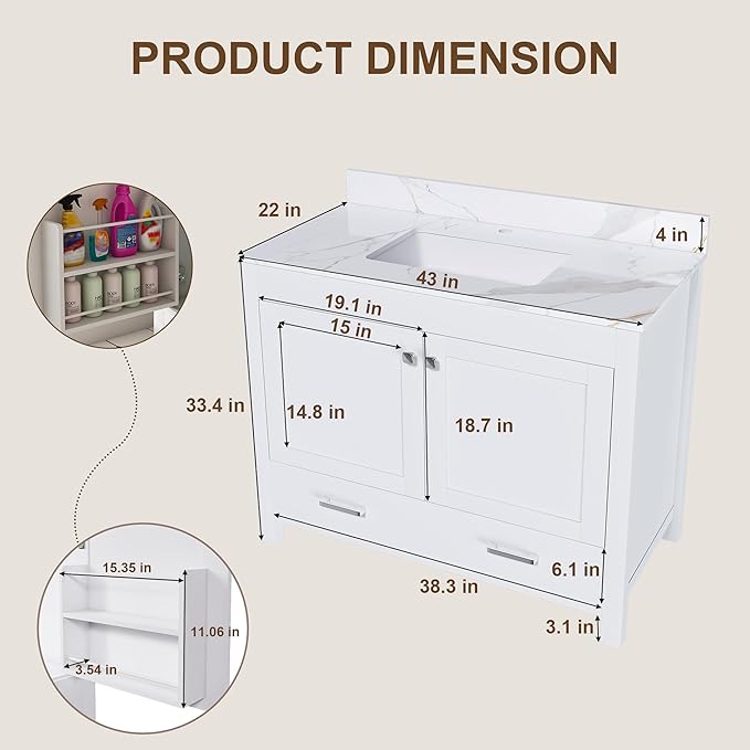 Montary 42" Bathroom Vanity with 43" Sintered Stone Carrara Gold Top, Modern Stylish MDF Bathroom Storage Cabinet, Vanity Set with 2 Doors and One Large Divided Drawer, White (Three Holes)