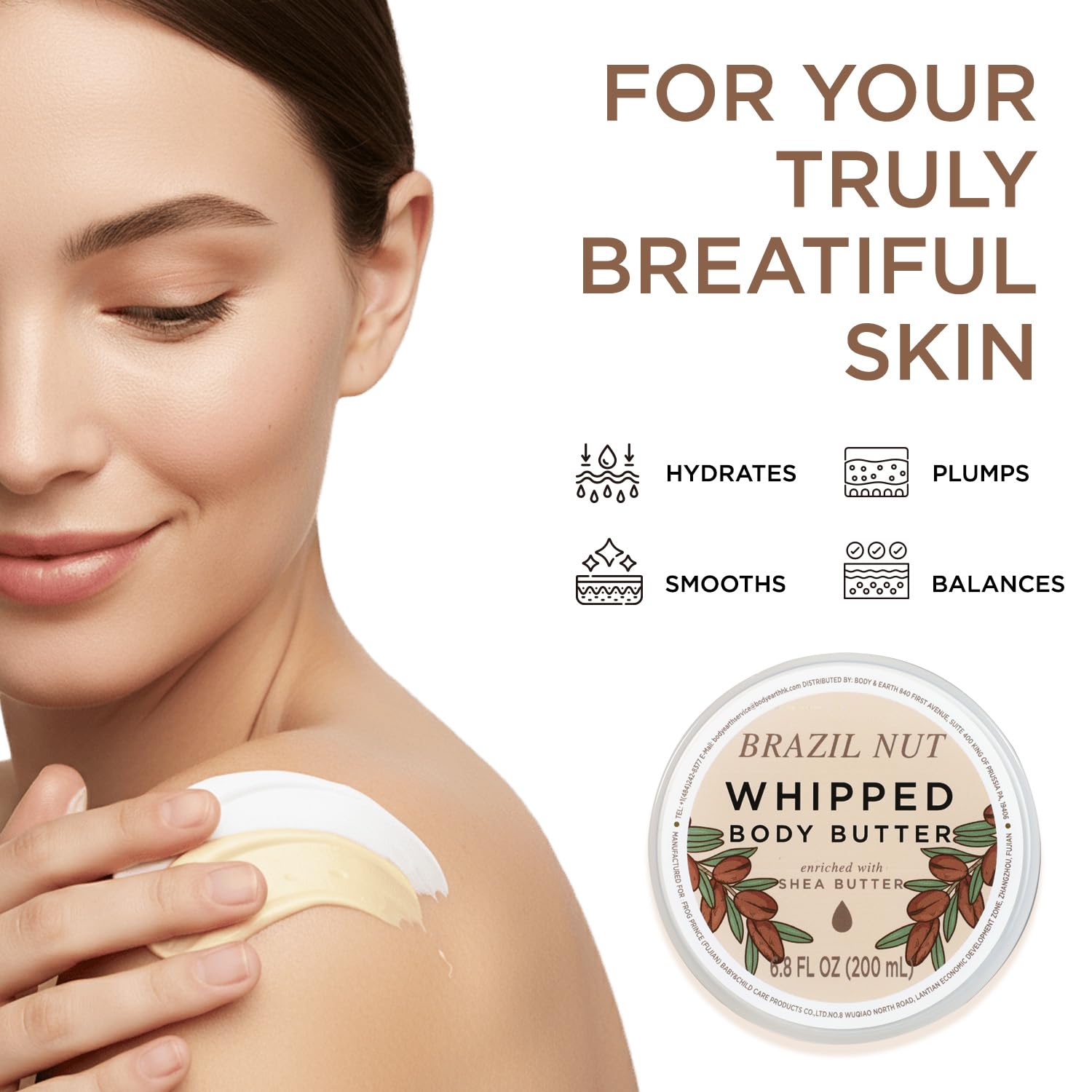 Brazil Nut Whipped Body Butter, Brazilian Body Butter Cream, Body Moisturizer for Women and Men Dry Skin with Natural Shea Butter, Leaves Skin Feeling Moisturized and Soft-200ml(6.8 floz)