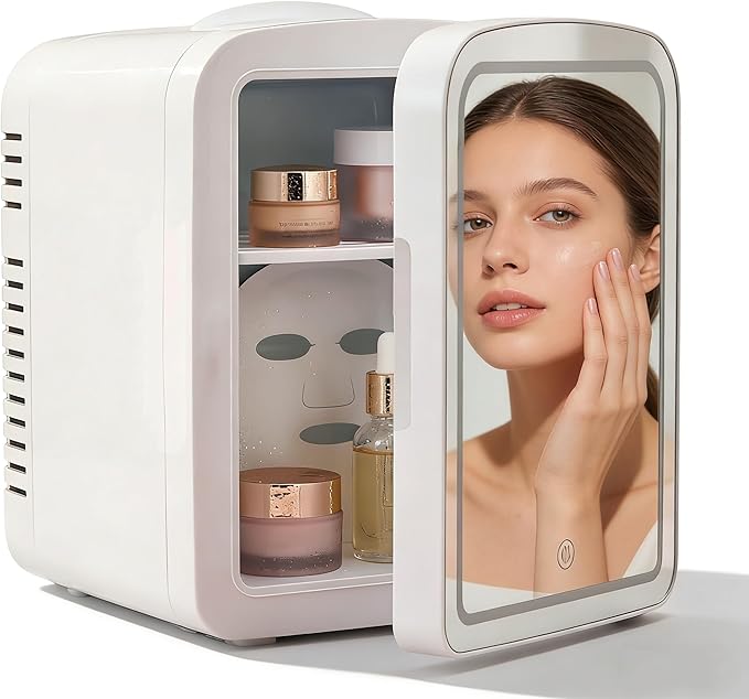 Lispin 4L Mini Skincare Fridge with Dimmable LED Mirror, Portable Beauty Refrigerator for Makeup, Cosmetic, Personal Small Refrigerator with Cooler and Warmer for Bedroom, Office and Car