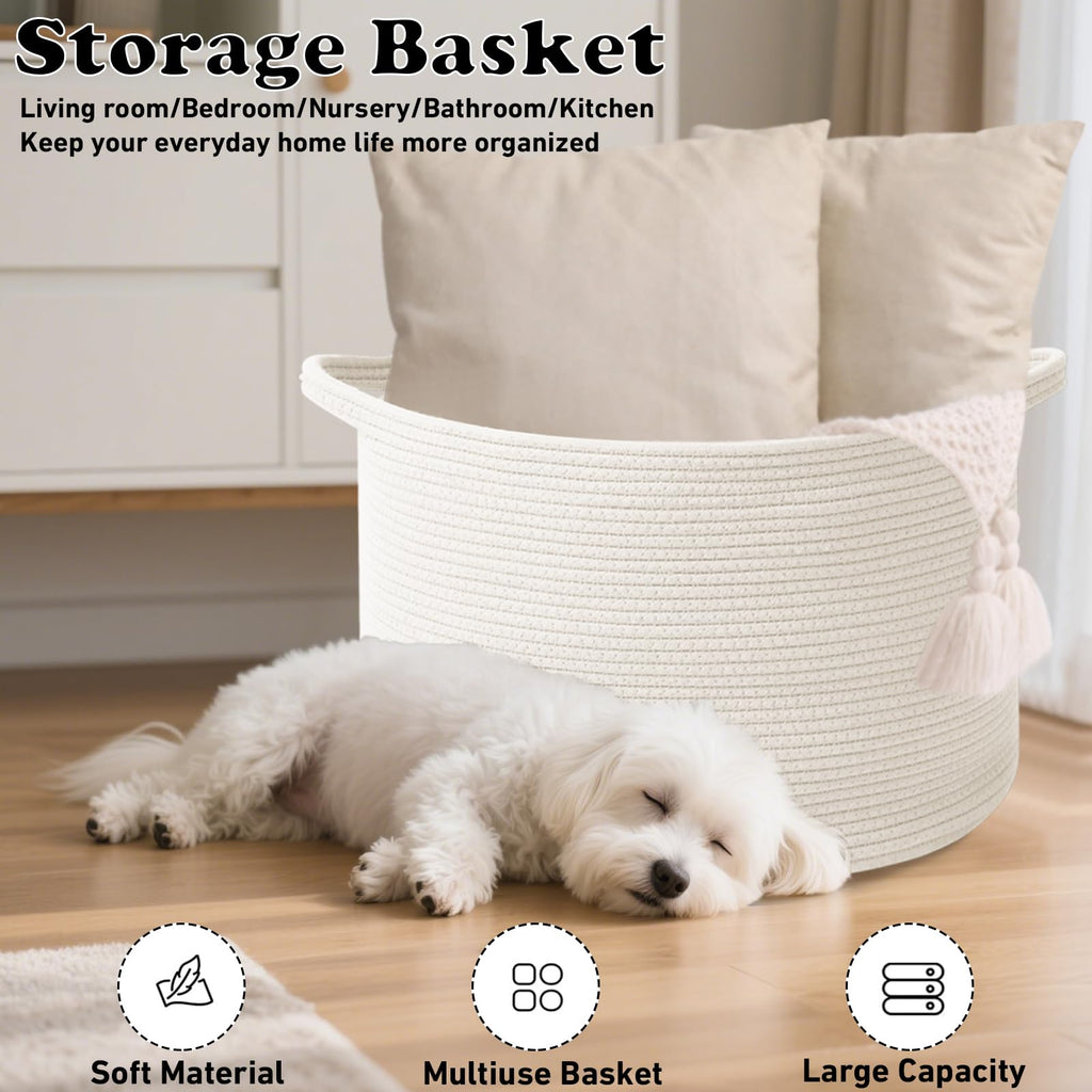 HZFTJOY 115L Extra Large Woven Cotton Rope Blanket Basket-White