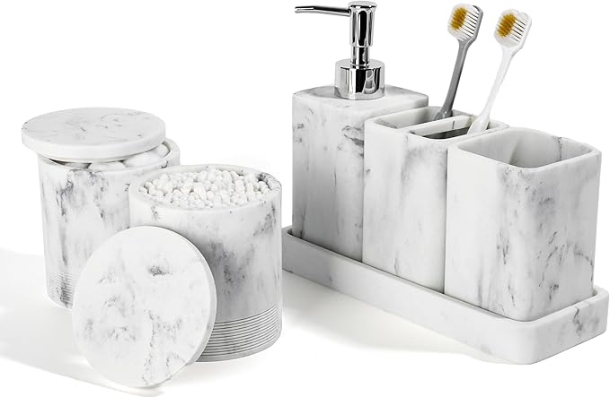 YMXYJM Bathroom Accessories Set, 6 Piece Soap Dispenser Set - Marble White