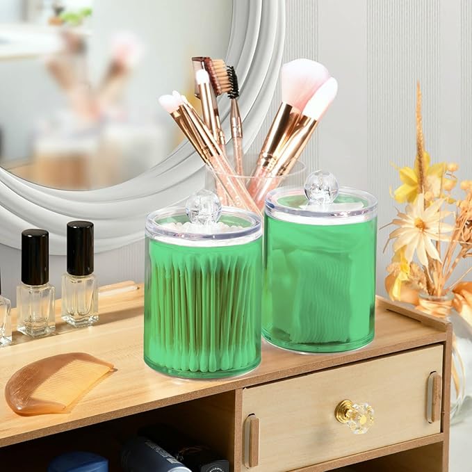 Navy Green Qtip Holder Organizer Dispenser Cotton Swabs Cans Plastic Jars with Lid Set 4 Pack Bathroom Storage Canister for Cotton Ball Floss Cotton Pads
