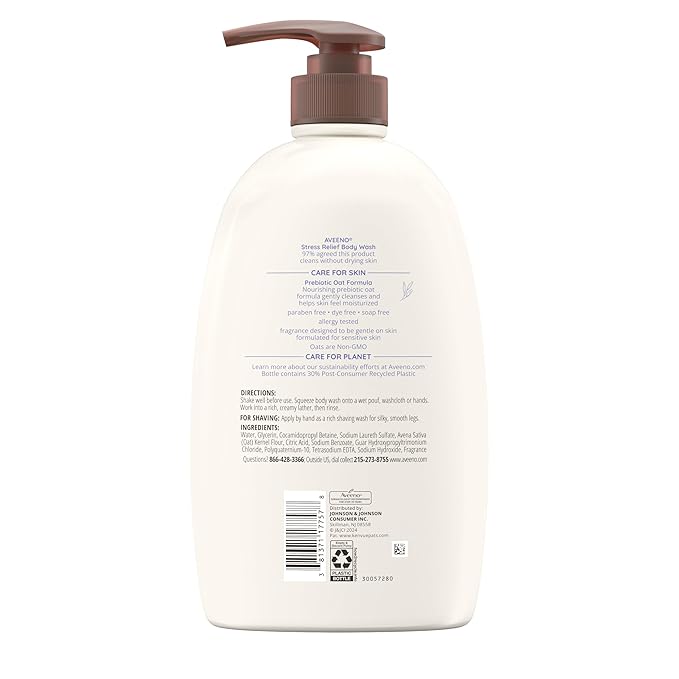 Aveeno Stress Relief Body Wash, Lavender Scent with Nourishing Prebiotic Oat, Sensitive Skin Body Wash for Normal to Dry Skin, Paraben-, Dye-, and Soap-Free, Value Size 33 Fl Oz