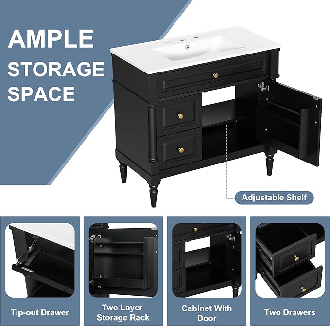 Harper & Bright Designs 36" Bathroom Vanity with Sink, Free Standing Bathroom Vanity Set with Flip Drawer, 2 Drawers, and Adjustable Shelf, Wood Storage Cabinet with Ceramic Basin for Bathroom, Black