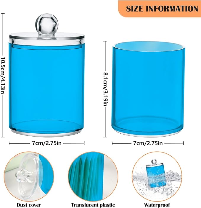 Sky Blue Qtip Holder Organizer Dispenser Cotton Swabs Cans Plastic Jars with Lid Set 4 Pack Bathroom Storage Canister for Cotton Ball Floss Cotton Pads
