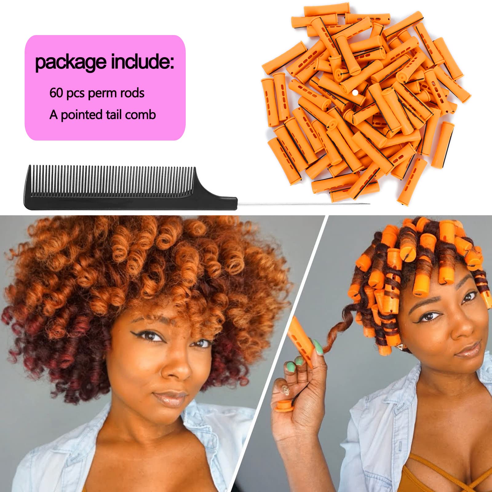 60pcs Perm Rods Set for Natural Hair Cold Wave Rods Hair Rollers for Women's Long Medium short Hair Curler Styling DIY Hairdressing Tools（Orange）