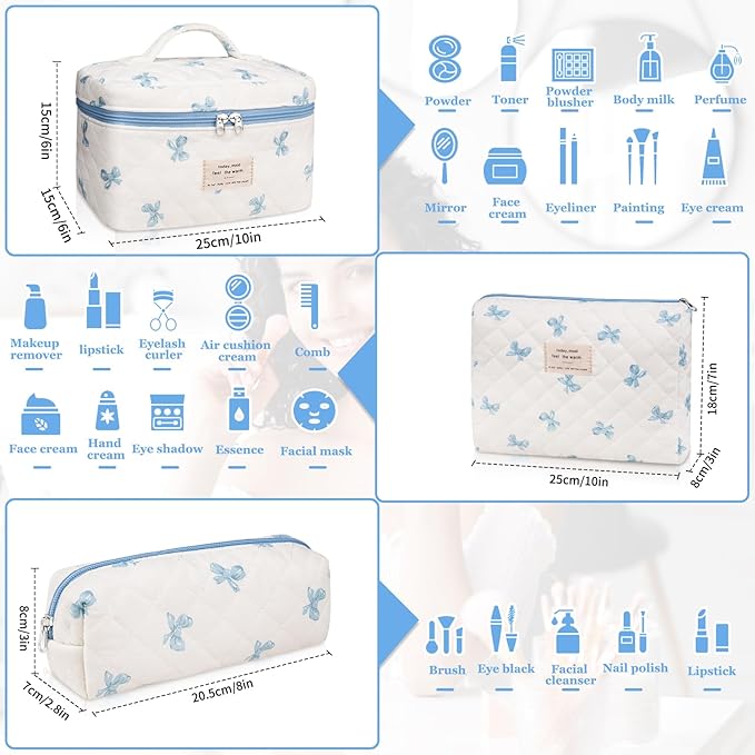 Gosect 3PC Makeup Bag Set, Quilted Makeup Bag, Large Floral Cosmetic Bag for Women, Cute Cotton Makeup Bags, Flower Travel Toiletry Organizer Bag (White and Blue Bow)