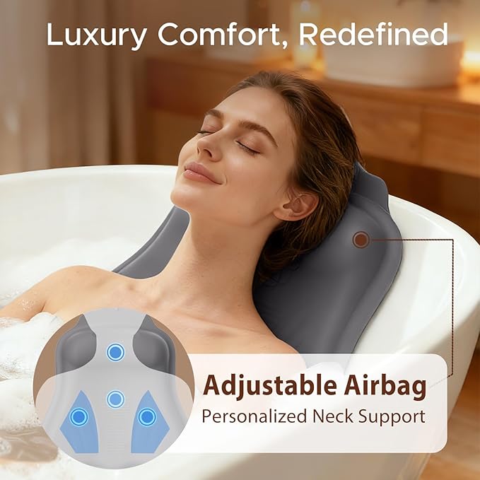 Bath Pillow for Tub, Adjustable Silicone Bathtub Pillows for Head and Neck, 0"–2.3" Neck Support, 34 Suction Cups, Easy to Clean, No Machine Wash Needed (Dark Gray)