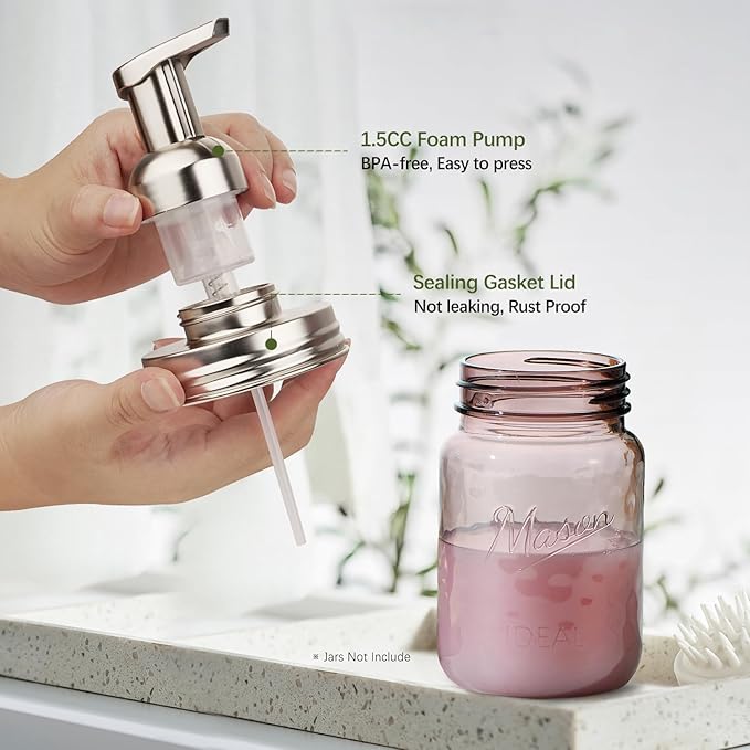 Amolliar Mason Jar Foaming Soap Dispenser Lids, Plastic Foam Pump Lids for Regular Mouth, Foaming Replacement Pump Set, Farmhouse Kitchen BathroomShower, Includes Waterproof Stickers - 2 Pack, Silver