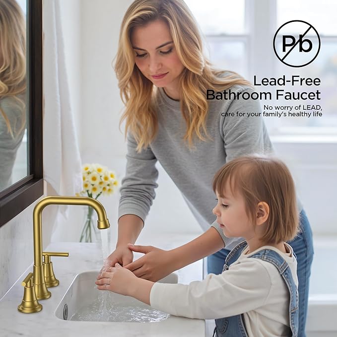 FORIOUS 3 Hole 8 Inch Widespread Bathroom Faucet in Brushed Gold - 2 Handle Bathroom Sink Faucets with Pop Up Drain Assembly and 2 Water Supply Lines for RV Bath Vanity Farmhouse, 360°Swivel Spout