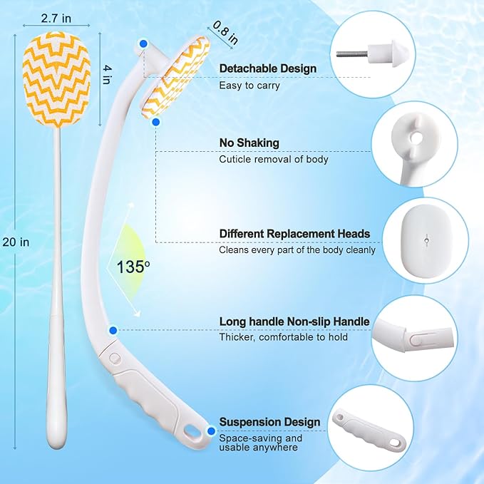 Celestite 20” Long Handle Shower Brush for Body, Back Scrubber for Shower with 3 Pcs Brush Heads, Exfoliation and Improved Skin Health Suitable for Women, Men, Elderly (White)