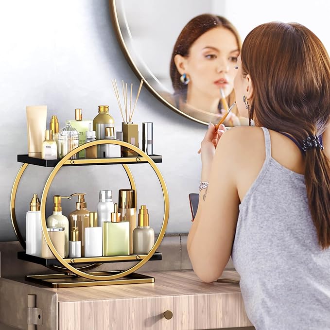 YIWANFW Makeup Organizer for Vanity, Black Gold Perfume Organizer for Dresser, 2-Tier Bathroom Countertop Organizers, Bathroom Counter Shelf Skincare Holder Perfume Tray Cosmetic Display