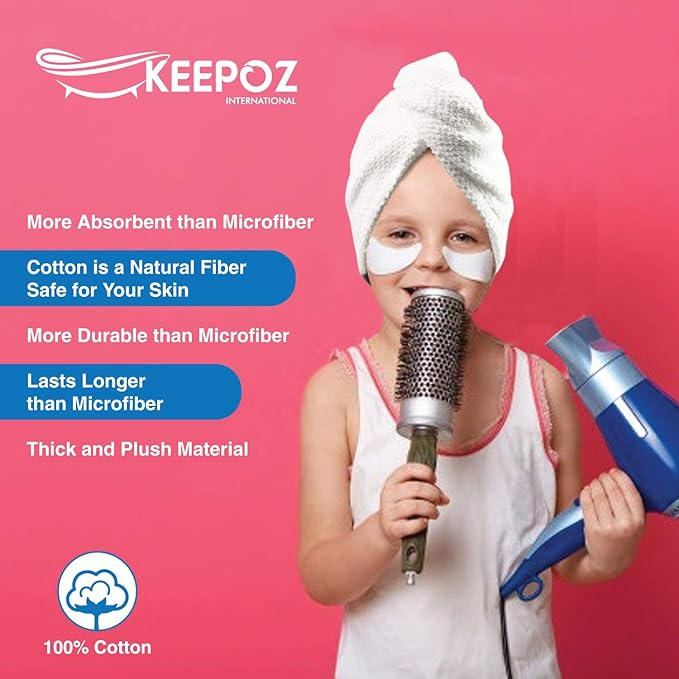 KEEPOZ Hair Towel Wrap Quick Dry 100% Cotton Super Absorbent Turban Head Wrap for Women with Button, Non Microfiber Anti Frizz Hair Cap for Curly, Long & Thick Hair (White Check, 2 Pcs)