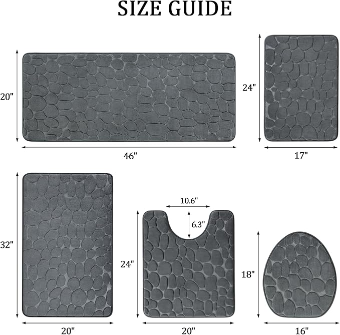 YIHOUSE Bathroom Rugs Mat Set, Memory Foam Bath Mat 5 Piece Dark Grey