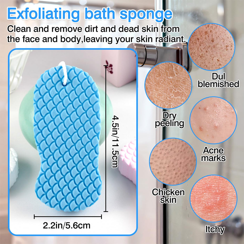 4-Pack Exfoliating Bath Sponges – Super Soft Shower Sponge Set for Adults & Kids, Gentle Dead Skin Remover, Assorted Colors (Pink, Blue, White, Gray)