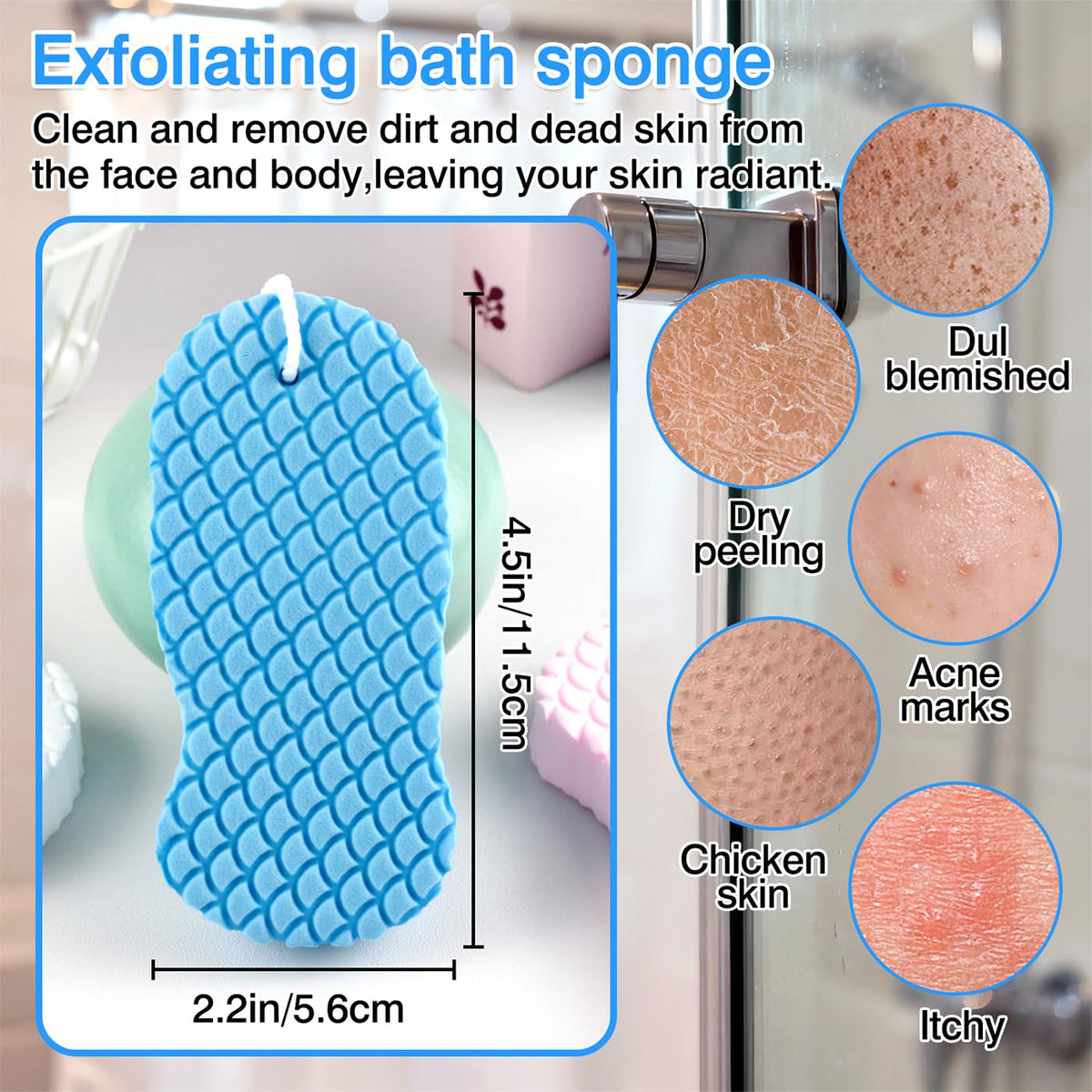 4-Pack Exfoliating Bath Sponges – Super Soft Shower Sponge Set for Adults & Kids, Gentle Dead Skin Remover, Assorted Colors (Pink, Blue, White, Gray)
