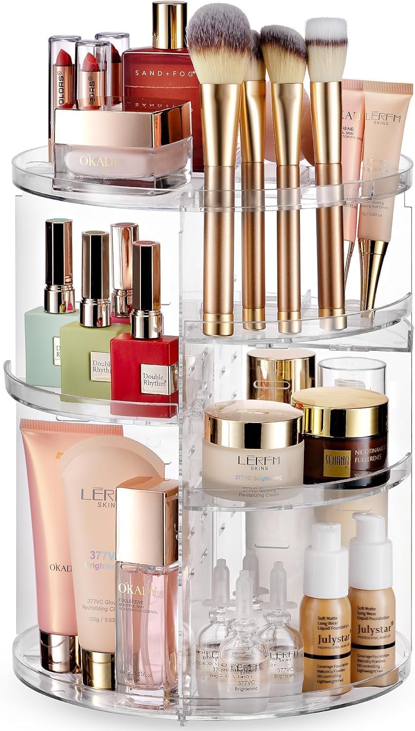 Masirs 360 Rotating Makeup Organizer Countertop, Adjustable Shelf, Clear