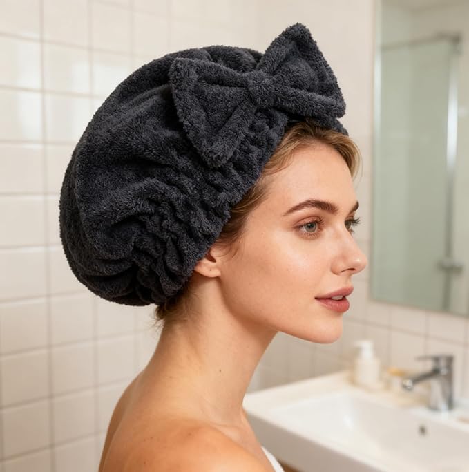 HOPESHINE Microfiber Hair Towel Cap for Women Wet Short or Long Curly Hair Super Absorbent Quick Dry Turbans for Girls Anti Frizz (2, BlackX2)