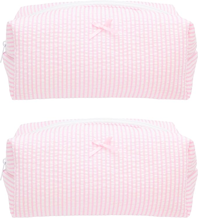 Cozy Makeup Bag for Women,Zipper Cosmetic Pouch,Stripe Ballet Pink,2 Pack
