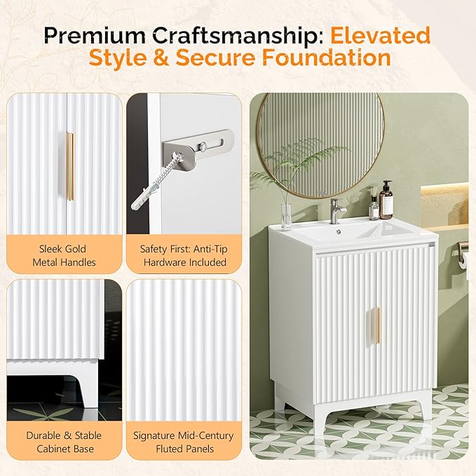 VINGLI 24 Inch Bathroom Vanity with Sink, Pure White Mid Century Modern Fluted Vanity Cabinet with Ceramic Basin, Small Free Standing Combo for Powder Room, Soft Close Doors, Gold Handles