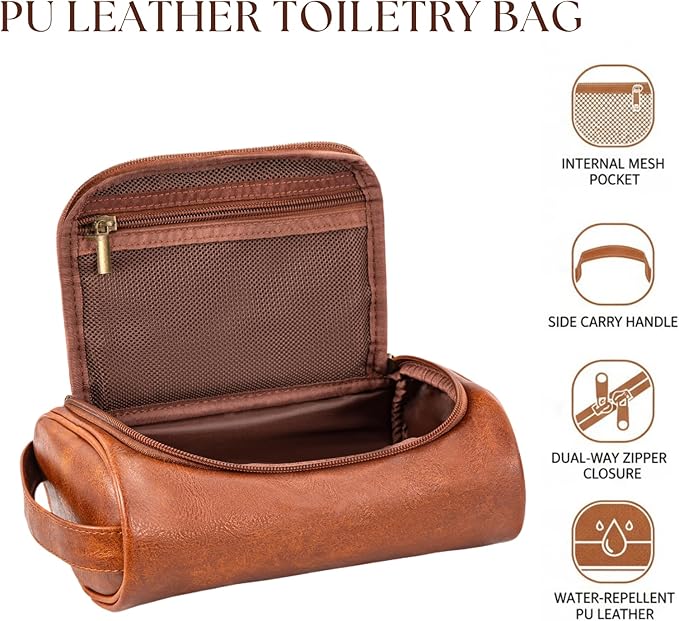 Mens Toiletry Bag, Compact Dopp Kit for Men Travel, PU Leather Shaving Kit, Water-Resistant Minimalist Organizer with Wrist Strap, Fits Grooming Essentials,Small 9X5.9X3 Inch Brown