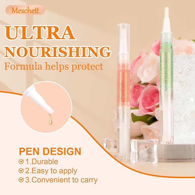 Meschett Cuticle Oil Pens with Nail File for Nail Care, 4PCS Nail Oil Pens with Natural Ingredients, Moisturizing Cuticle Oil for Fingernails and Toenails (Mix Flavors)