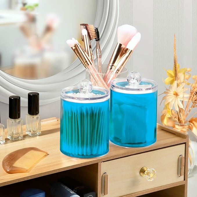 Sky Blue Qtip Holder Organizer Dispenser Cotton Swabs Cans Plastic Jars with Lid Set 4 Pack Bathroom Storage Canister for Cotton Ball Floss Cotton Pads