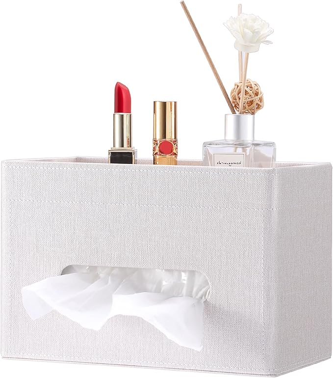Sumnacon Tissue Box Cover with Storage Tray, Decorative Rectangular Tissue Holder Linen Facial Tissues Organizer Stylish Modern Tissue Dispenser for Bathroom Toilet Tank Vanity Dresser Table