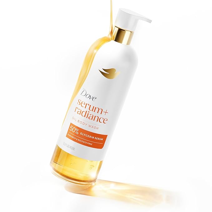 Dove Serum+ Shower Oil Body Wash Radiance, Jojoba & Monoi Flower, 15.3 fl oz I Hydrating shower oil body wash with glycerin serum for soft, radiant skin without greasy residue.