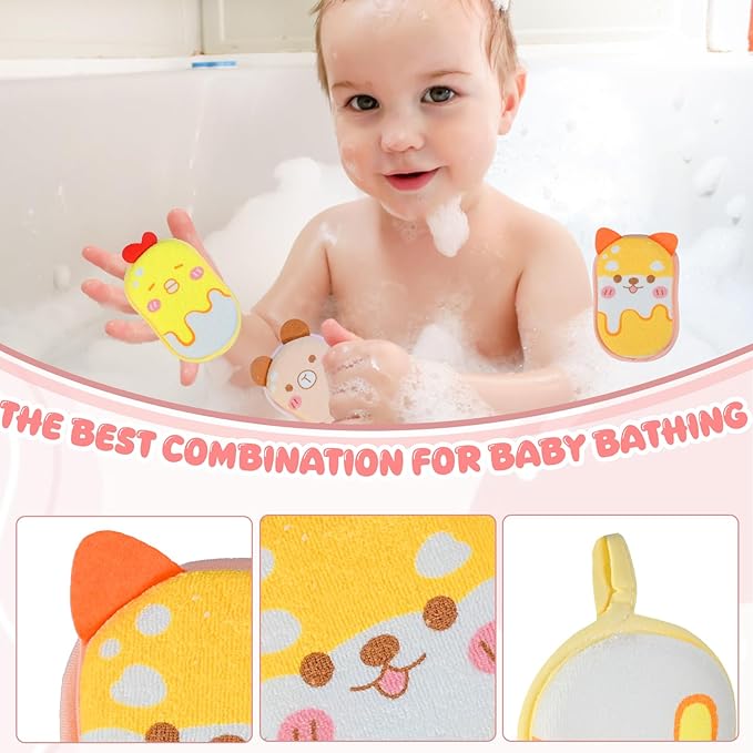 Baby and Kids Bath Loofah Sponge, Soft and Absorbent Toddler Exfoliating Body Scrubber Shower Loofa Sponge,Cute Pattern Design for Kids Baby Women Boys and Girl, 3 Pack (Bear/Dog/Chick)