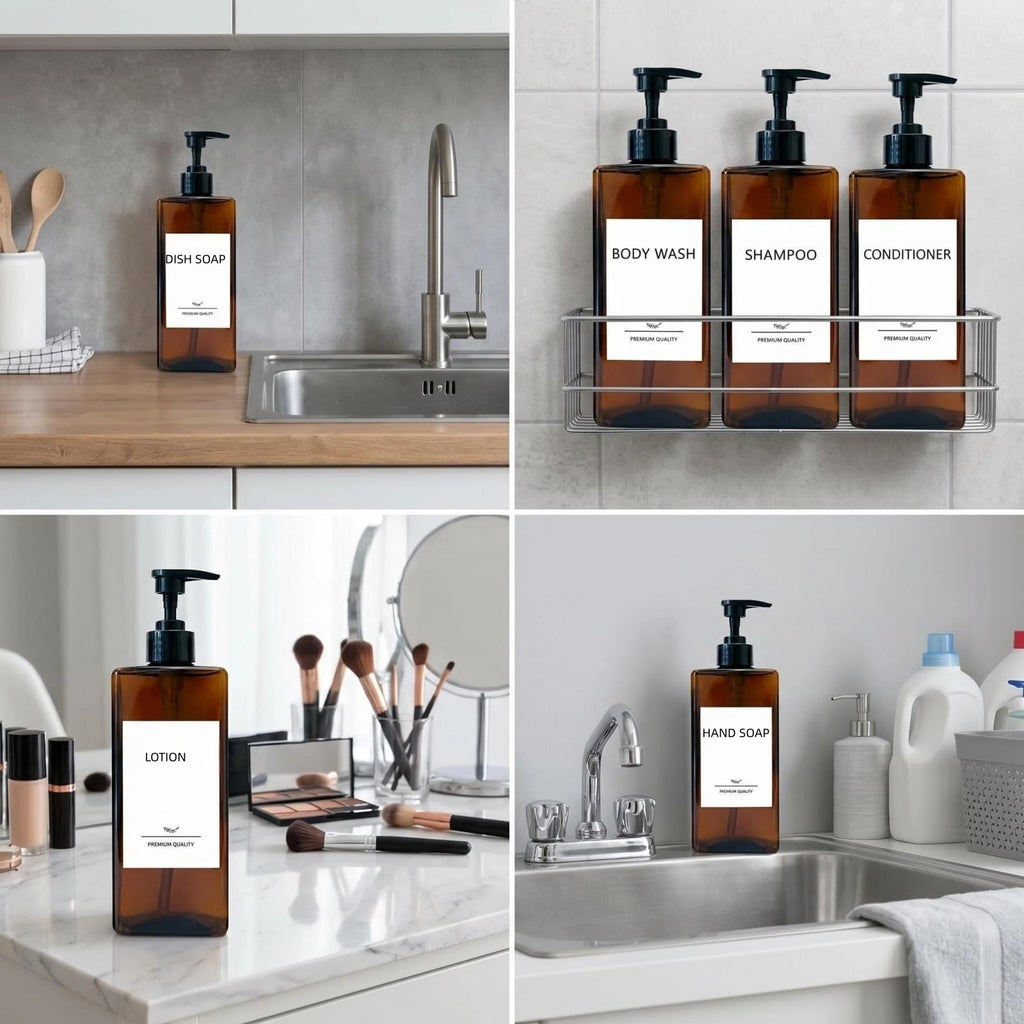 Shampoo and Conditioner Dispenser Set, 3Pack Refillable Shampoo and Conditioner Bottles with Labels, 500ml Soap Dispenser 16.9oz Shower Dispenser Square Pump Bottle for Bathroom and Kitchen - Amber