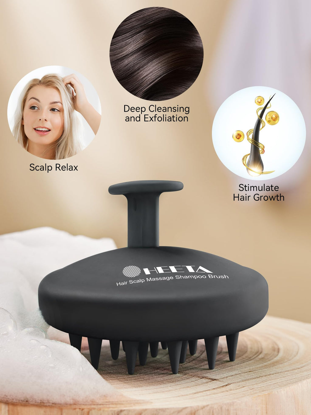 HEETA Scalp Massager Hair Growth, Scalp Scrubber with Soft Bristles, Integrated Silicone Design, Exfoliator for Dandruff Removal & Relaxation, Shampoo Brush Fit Wet Dry Hair Use, Black