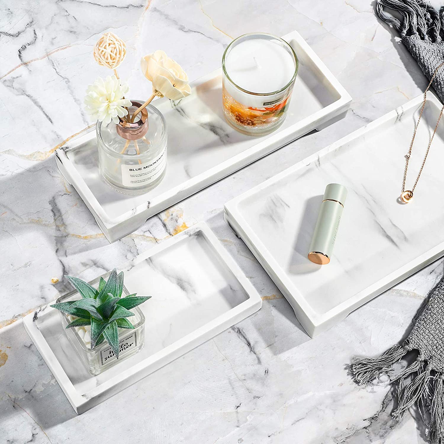 Luxspire Marble Tray for Soap Dispenser Perfume Jewelry, S, Gravel White