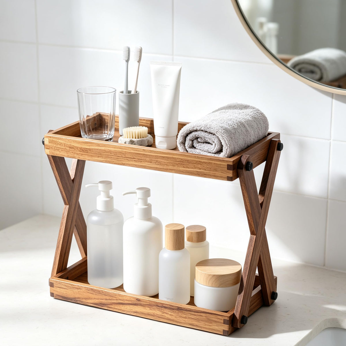 2 Tier Wood Countertop Organizer Shelf for Kitchen Bathroom Spice Storage
