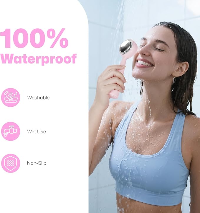 PRITECH Facial Cleansing Brush with Vibrating, Rechargeable Silicone Face Scrubber for Deep Pore Cleaning, Exfoliator & Waterproof Face Brush with Heat End for for Women and Men (Pink)