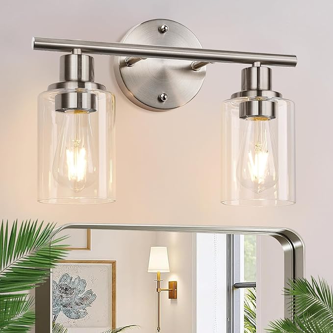 Zarbitta 2-Light Bathroom Light Fixtures, Brushed Nickel Vanity Light, Modern Vanity Lights with Clear Glass Shade, Bathroom Wall Lamp for Mirror Kitchen Living Room Hallway Cabinet Porch