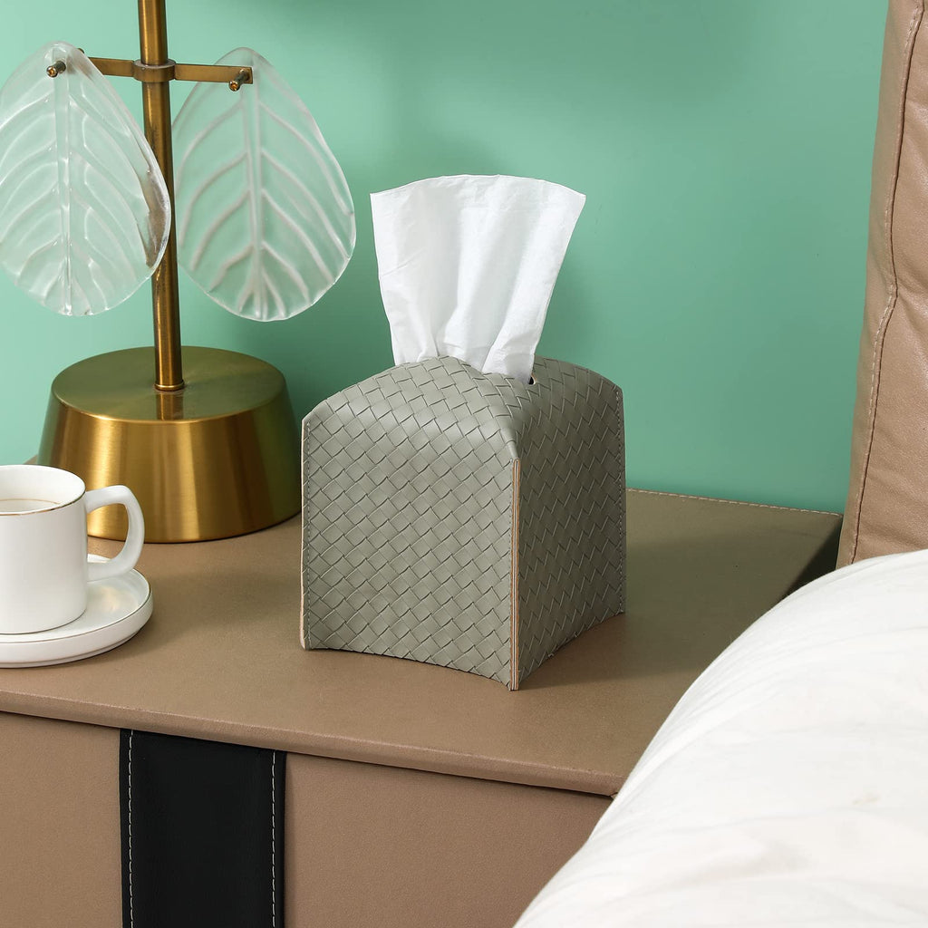 Tissue Box Cover PU Leather Tissue Holder Square Facial Tissue Case Facial Paper Organizer Dispenser for Bathroom, Vanity Countertop, Tabletop, Car, Evergreen